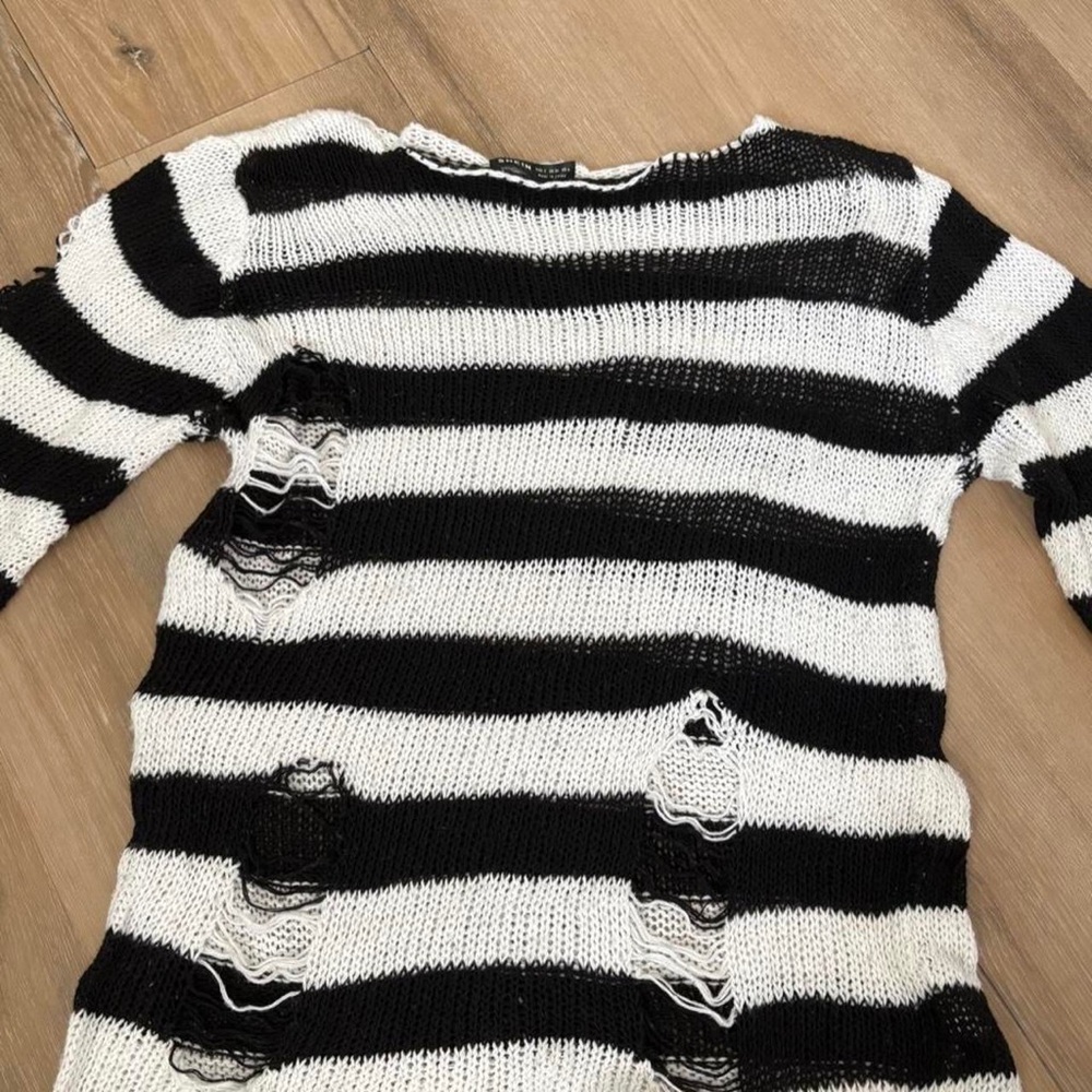 SHEIN Black & White Distressed Striped Crewneck Sweater
